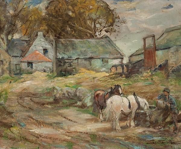 Working Horses Watering At Farmyardtrough Oil Painting by George Smith