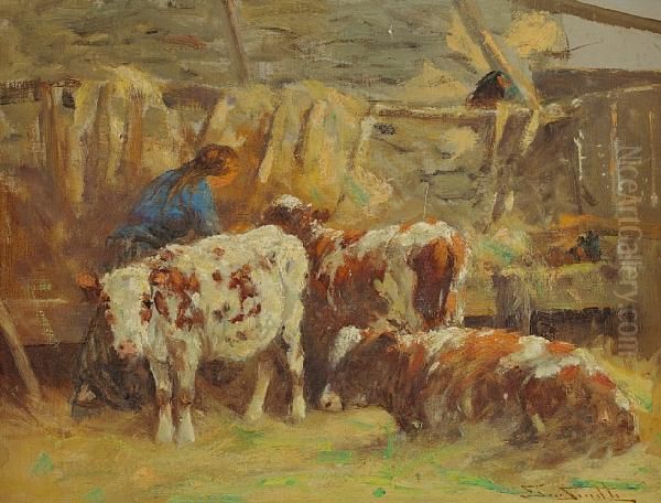 Feeding The Calves Oil Painting by George Smith