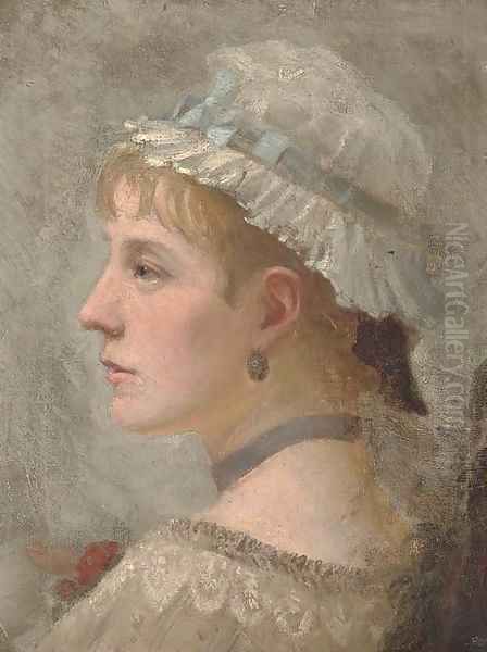 Portrait of a lady, bust-length, in a white bonnet with a blue ribbon Oil Painting by English School