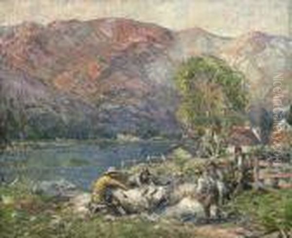 Sheep Shearing In The Strath Oil Painting by George Smith