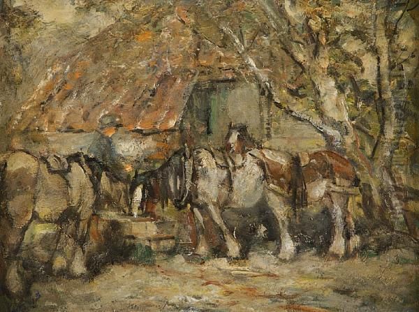 Watering Horses Near Aberdour Oil Painting by George Smith