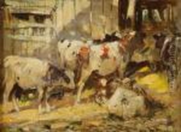 Calves In A Sunny Byre Oil Painting by George Smith