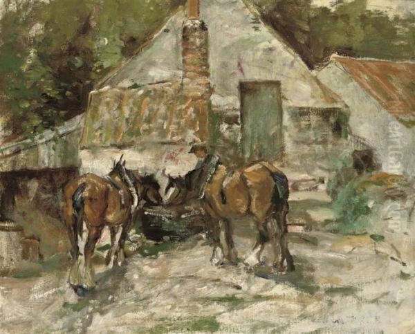 Horses At A Water Trough Oil Painting by George Smith