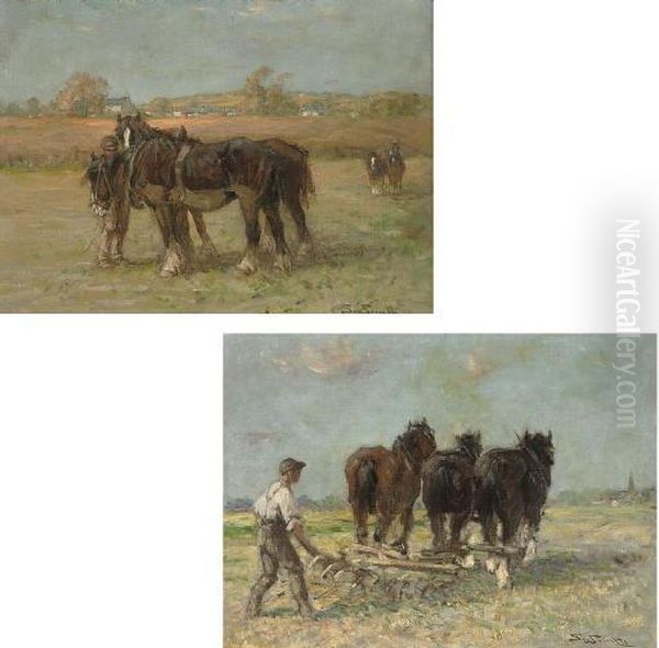 Ploughing The Fields; And Shire Horses In A Field Oil Painting by George Smith