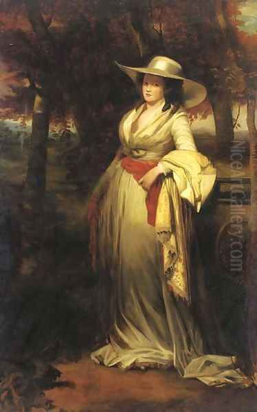 Portrait of a lady, full-length, in a white dress and paisley shawl, in a landscape Oil Painting by English School