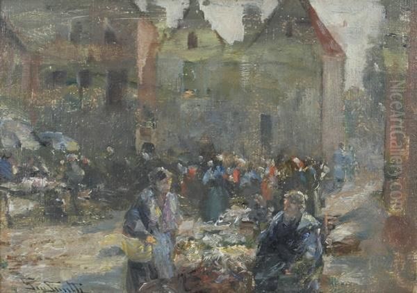 Marktszene In Brugge Oil Painting by George Smith