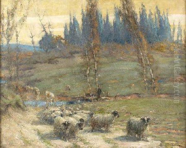 Sheep And Goats By A Stream Oil Painting by George Smith