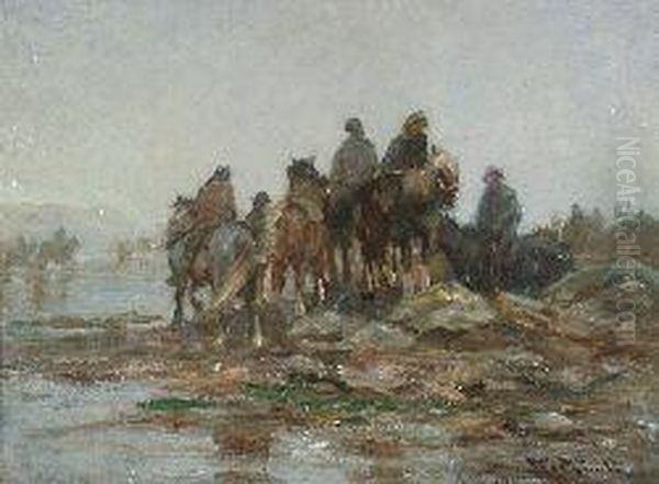 Horsemen At A River Crossing Oil Painting by George Smith