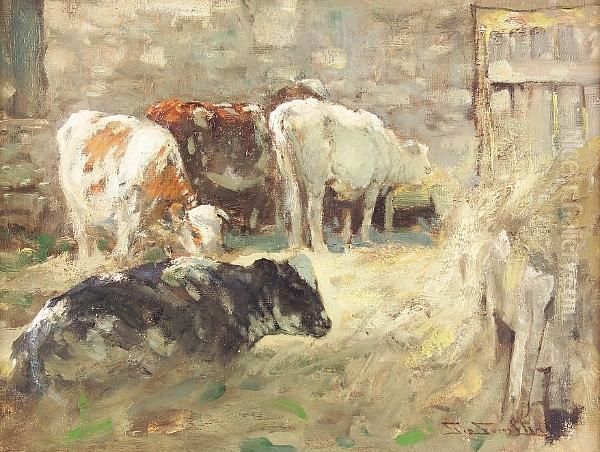 Calves In A Byre Oil Painting by George Smith