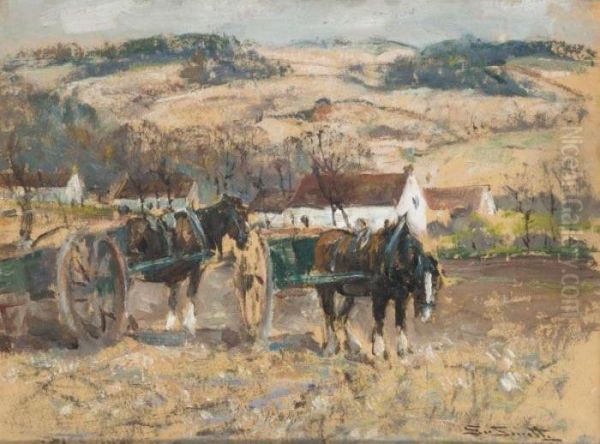 A Moment At Rest, Two Cart Horses Oil Painting by George Smith