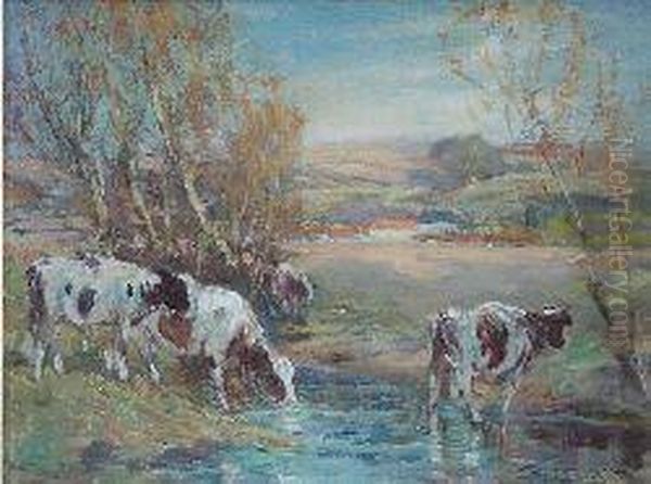 Cattle Watering In A Stream Oil Painting by George Smith