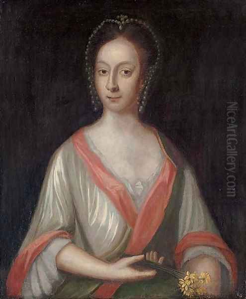 Portrait of a lady, half-length, in a white dress with red and green trim Oil Painting by English School