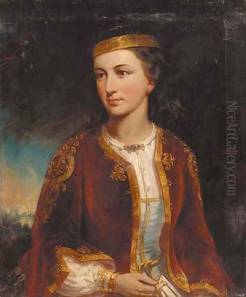 Portrait of a lady, half-length, in Turkish costume Oil Painting by English School