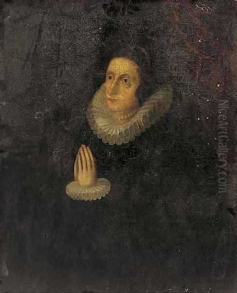 Portrait of a lady, three-quarter-length, in a black dress and lace collar and cuffs, at prayer Oil Painting by English School