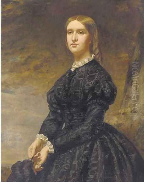 Portrait of a lady, three-quarter-length, in a black dress with white lace trim Oil Painting by English School