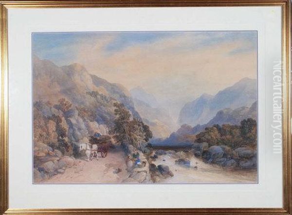 A Horsecart And Figures On A Road By A River In Mountainous Country Oil Painting by James Burrell-Smith