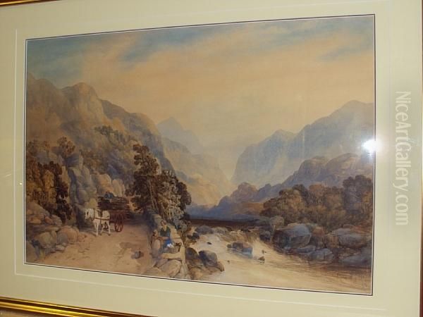 Mountainous River Landscape, With Figures,horse And Cart On A Riverside Track Oil Painting by James Burrell-Smith