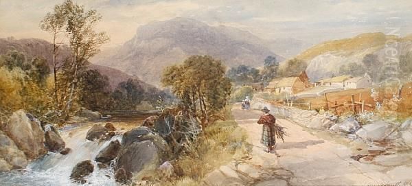 Figures On A Path By A River Oil Painting by James Burrell-Smith