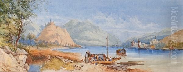 A Continental Lake Scene Oil Painting by James Burrell-Smith