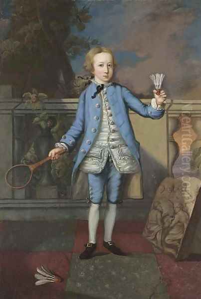 Portrait Of A Young Gentleman, Full-Length, In A Blue Coat And White Waistcoat Oil Painting by English School