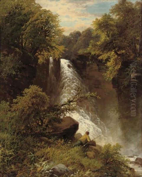 An Angler Before A Waterfall Oil Painting by James Burrell-Smith