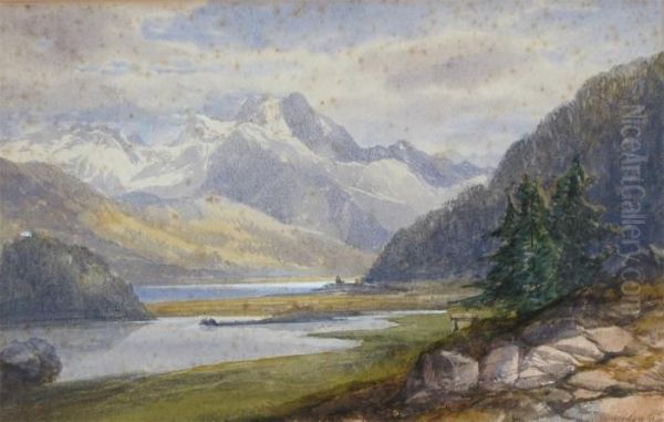 Lake Landscape With Mountains Beyond Oil Painting by James Burrell-Smith