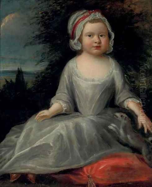 Portrait of a young girl, full-length, in a white dress and cap Oil Painting by English School