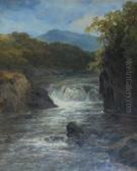 Waterfall In A Highland Landscape Oil Painting by James Burrell-Smith