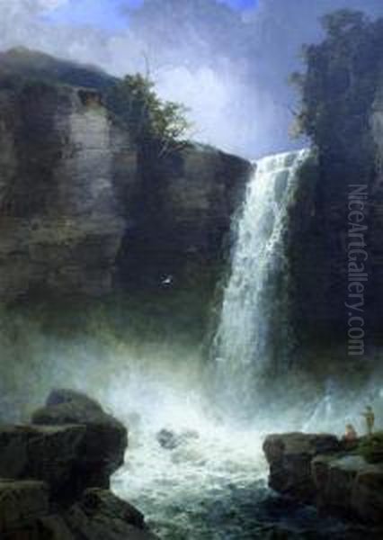 Figures Beside A Waterfall Oil Painting by James Burrell-Smith