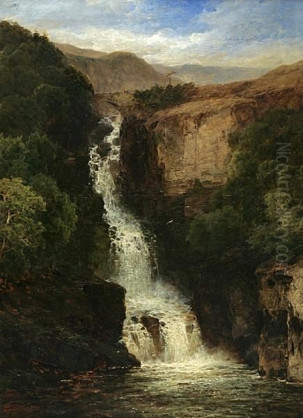 A View Of A Waterfall In A Mountainouslandscape Oil Painting by James Burrell-Smith