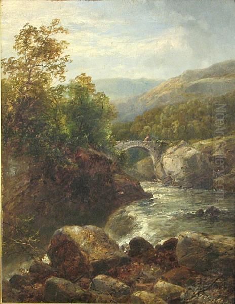 A River Landscape With A Footbridge In Thedistance Oil Painting by James Burrell-Smith