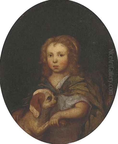 Portrait of a young girl, half-length, in a green wrap, a dog by her side Oil Painting by English School