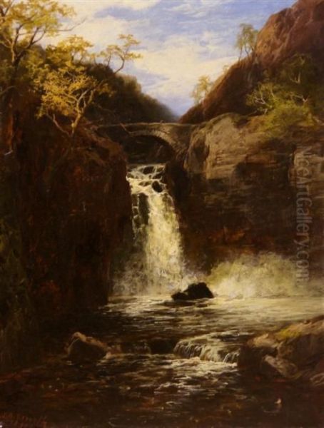 Waterfall Near Bridge Oil Painting by James Burrell-Smith