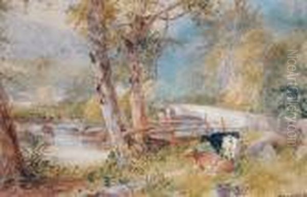 Cattle Beside A Bridge Oil Painting by James Burrell-Smith