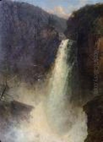 Waterfall In A Wooded River Valley With A Snow Topped Mountain In The Background Oil Painting by James Burrell-Smith