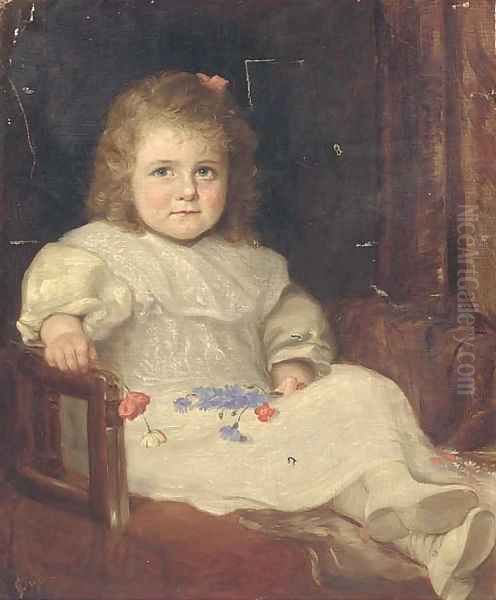 Portrait of a young girl, seated full-length, in a white dress, holding cornflowers and poppies in her hands Oil Painting by English School