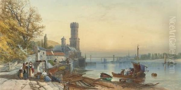 Figures On The Banks Of The Rhine At Cologne Oil Painting by James Burrell-Smith