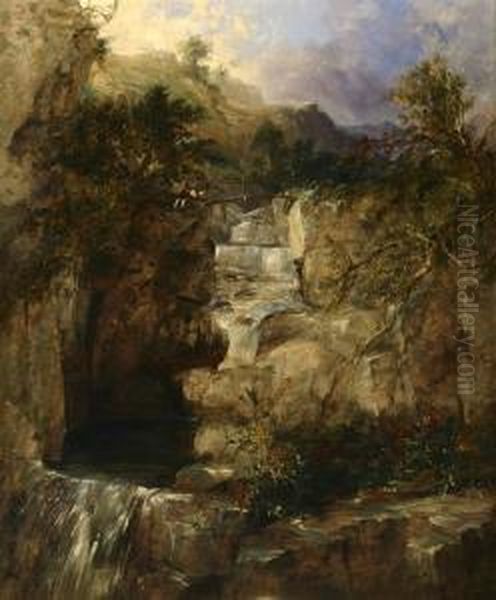 Figures Above A Waterfall Oil Painting by James Burrell-Smith