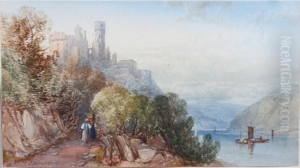 River Scene, Possibly Cherbourg Castle With Figures In The Foreground Oil Painting by James Burrell-Smith