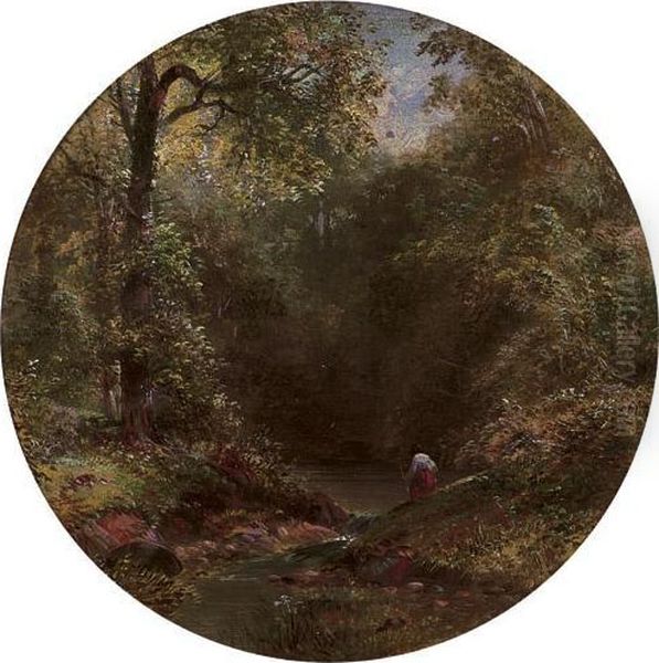 Figure On A Wooded River Bank Oil Painting by James Burrell-Smith