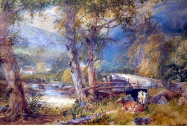 Landscape With Cattle Watering Oil Painting by James Burrell-Smith