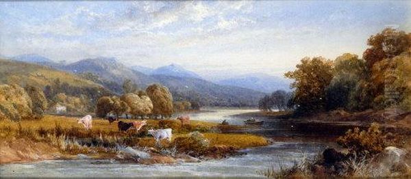 An Extensive Summer River Landscape With Cattle, Fishing From A Boat Oil Painting by James Burrell-Smith