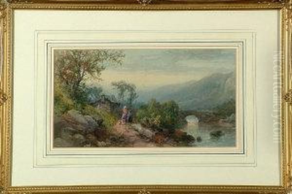 A North Country Landscape With A
 Mother And Daughter Near A Cottage - A River Bridge And Range Of Hills 
Beyond Oil Painting by James Burrell-Smith