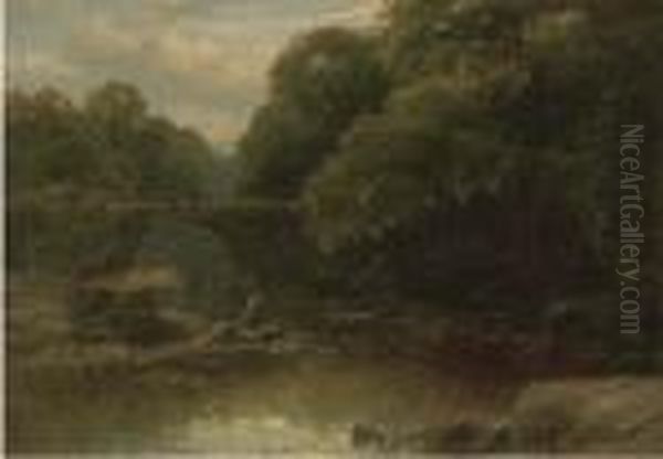 An Angler In A Rocky River With A Bridge Beyond Oil Painting by James Burrell-Smith