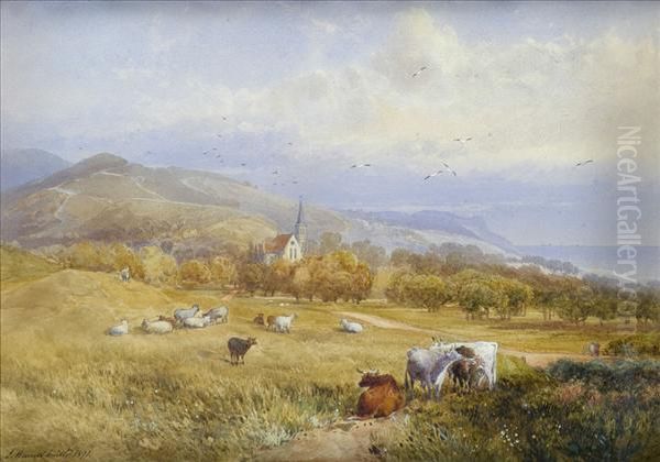 Cattle Andsheep In An Extensive Summer Landscape, Figures And Church Beyond Oil Painting by James Burrell-Smith