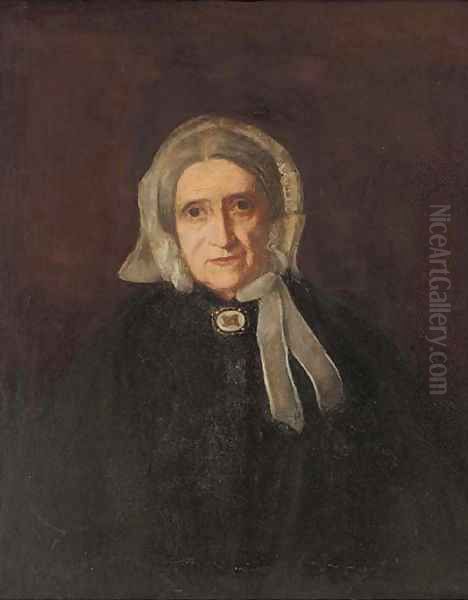 Portrait of an elderly lady, half-length, in black, with a white cap and broach Oil Painting by English School