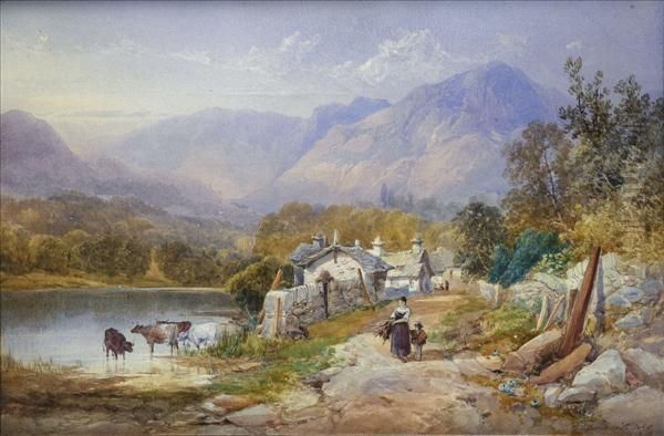 A Lakelandvillage, With Figures, Cattle Watering Oil Painting by James Burrell-Smith