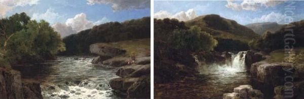 Anglers By A Rapid; And A Waterfall In A Mountainouslandscape Oil Painting by James Burrell-Smith