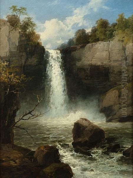 Melincourt Waterfall, Neath, South Wales Oil Painting by James Burrell-Smith