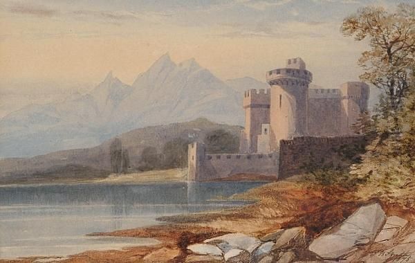 View Of A Castle By A Lake Oil Painting by James Burrell-Smith